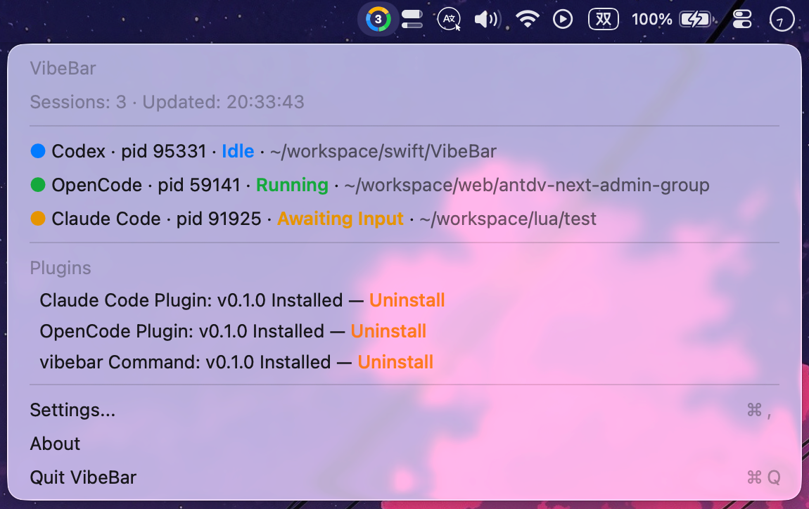 VibeBar menu bar showing active AI coding sessions